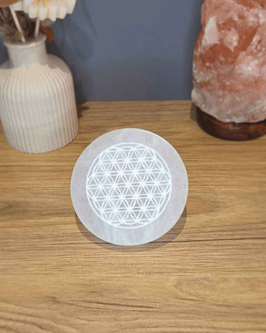 Plaque en Sélénite 8 cm – Fleur de Vie