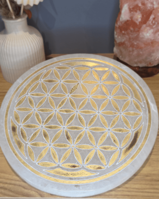 Plaque en Sélénite 20 cm - Fleur de Vie Dorée