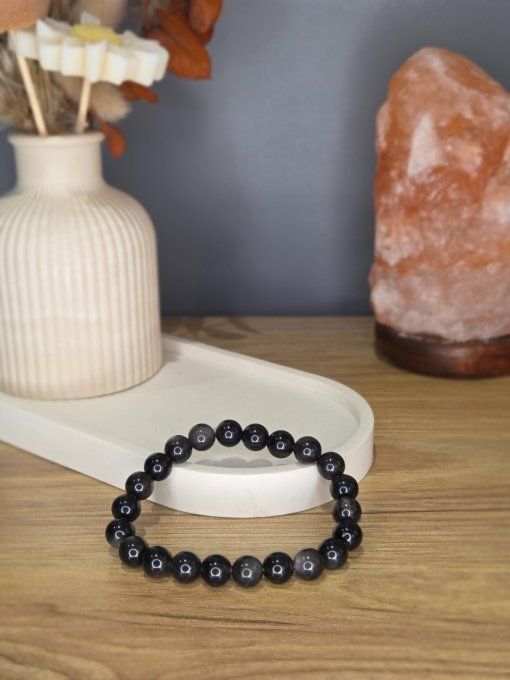Bracelet Obsidienne argentée – 8 mm