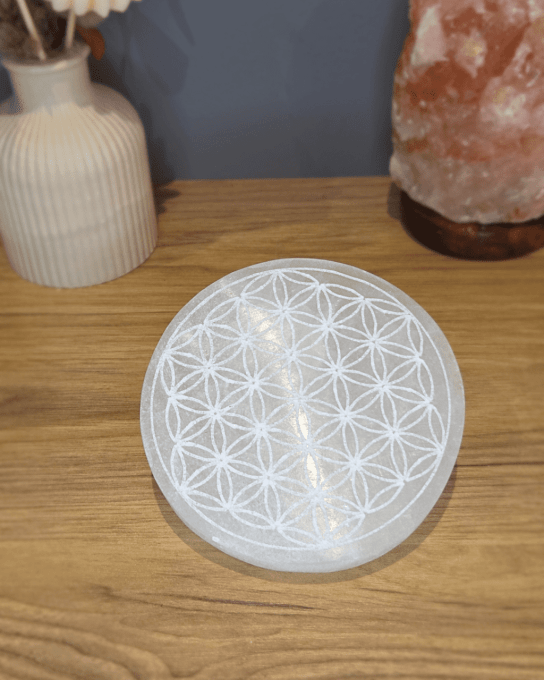 Plaque en Sélénite 10 cm – Fleur de Vie
