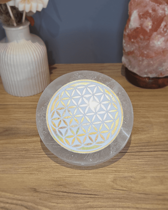 Plaque en Sélénite 10 cm – Fleur de Vie Dorée